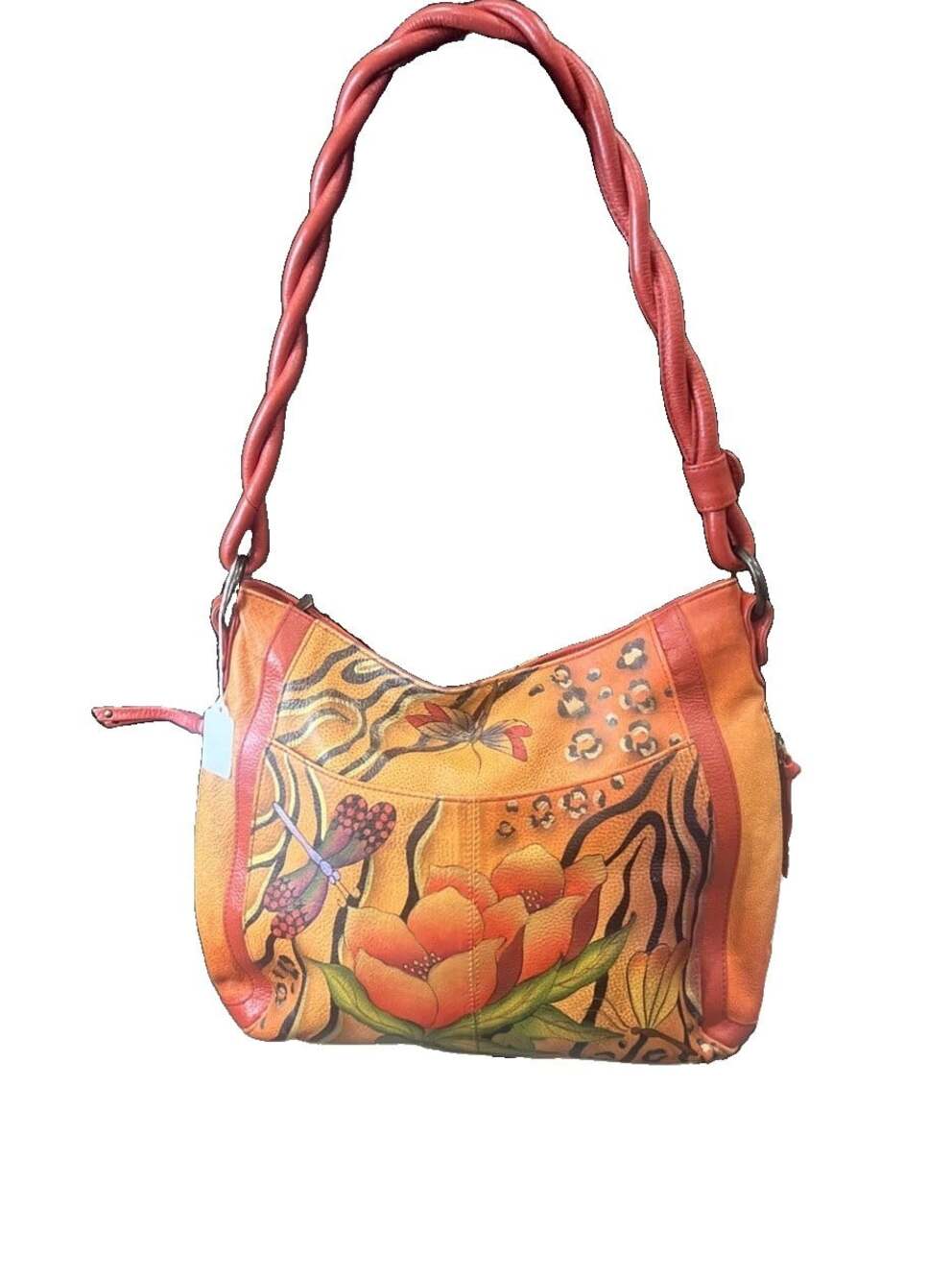 Anuschka Leather Hand Painted Dragonflies Floral Handbag Shoulder Bag Boho Chic